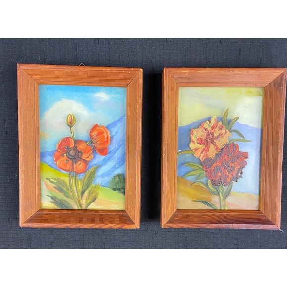 Vintage German Reverse Glass Floral Paintings Pair HELI Kunstmalerei Nürnberg Wo - Picture 1 of 10